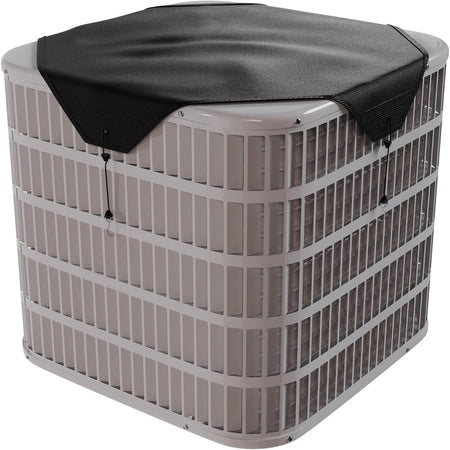 Black mesh AC condenser cover installed on top of a central air conditioner unit.