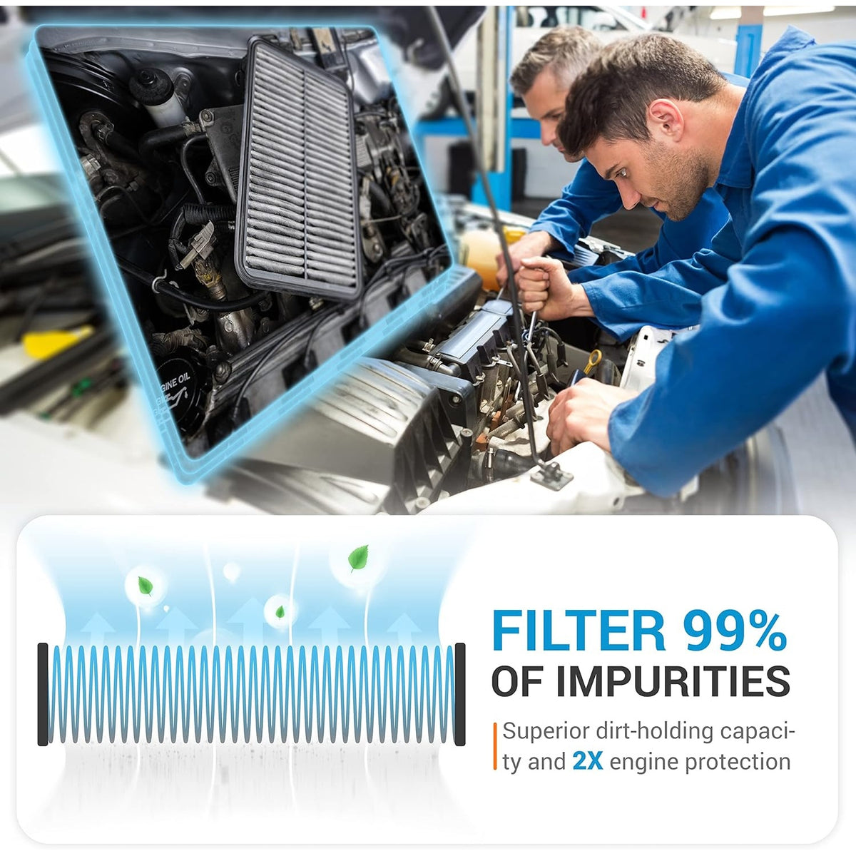 Mechanics installing FA-1902 engine air filter in Ford Super Duty 6.7L diesel engine with filtration performance graphic.