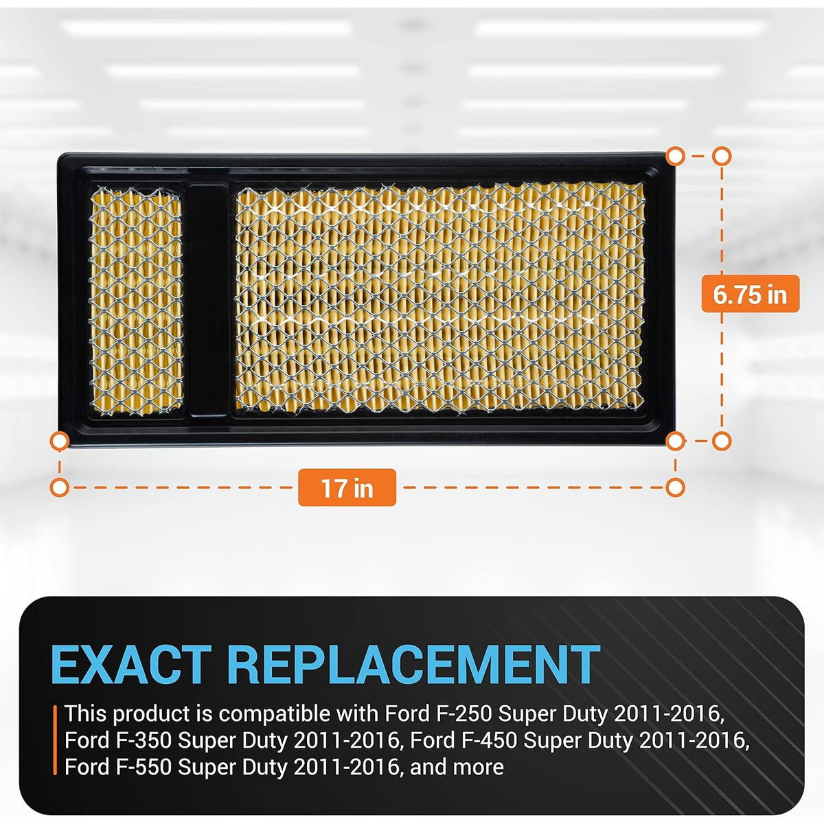 FA-1902 engine air filter for Ford Super Duty 6.7L Diesel with 17-inch by 6.75-inch dimensions.