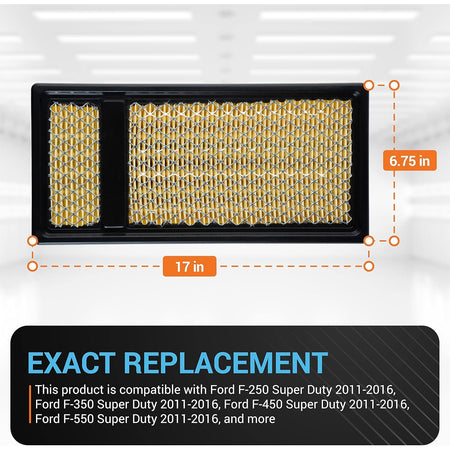 FA-1902 engine air filter for Ford Super Duty 6.7L Diesel with 17-inch by 6.75-inch dimensions.