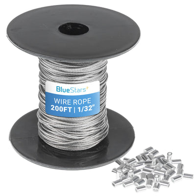 200ft spool of 1/32 inch braided steel wire rope with a pile of aluminum crimping sleeves.