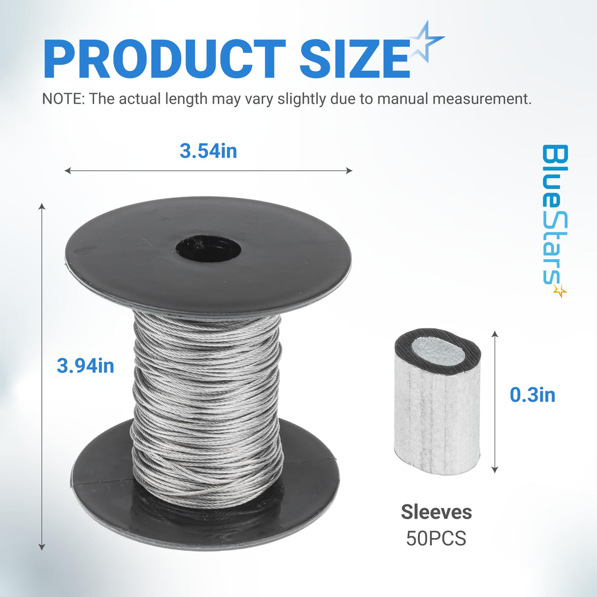 Dimensional diagram showing 1/32 inch wire rope on a spool and an aluminum crimping sleeve with size measurements.