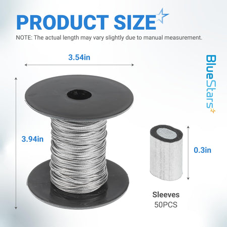 Dimensional diagram showing 1/32 inch wire rope on a spool and an aluminum crimping sleeve with size measurements.