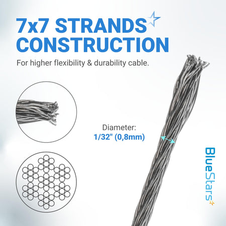 Close-up of 1/32 inch 7x7 strand braided steel wire rope showing construction and diameter details.