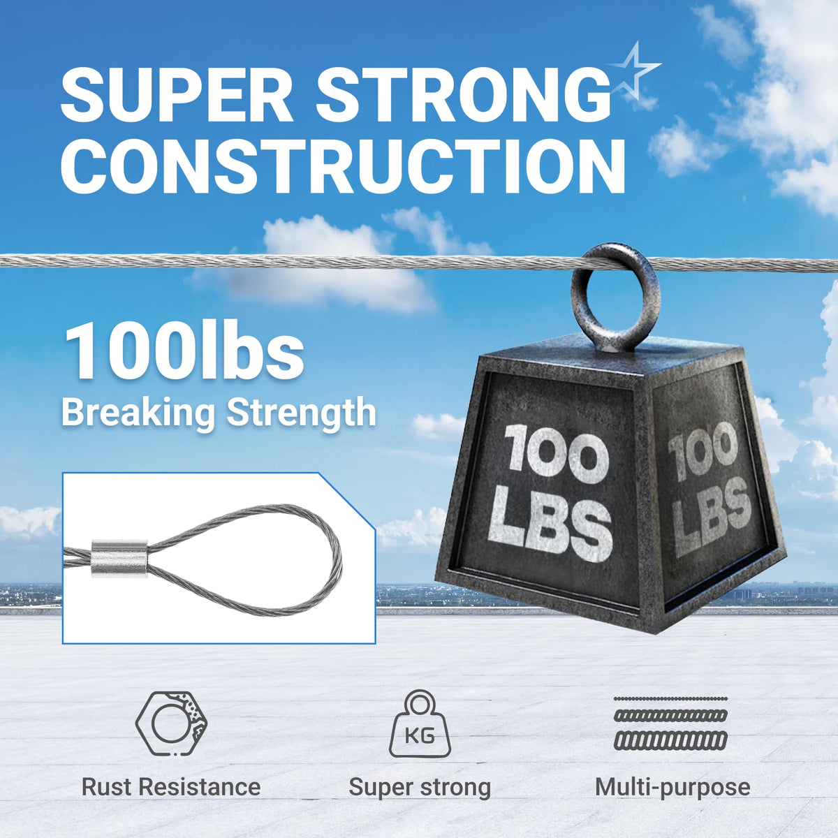1/32 inch wire rope demonstrating 100lbs breaking strength with a crimped loop and icons for rust resistance and durability.
