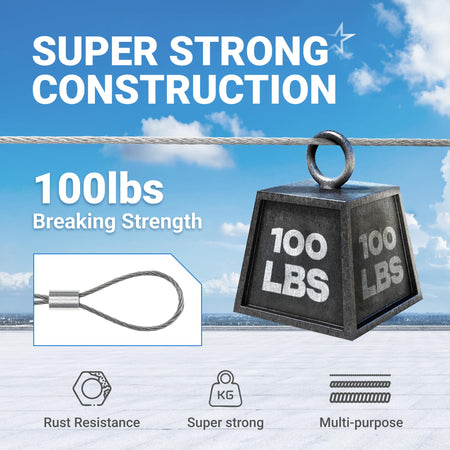 1/32 inch wire rope demonstrating 100lbs breaking strength with a crimped loop and icons for rust resistance and durability.