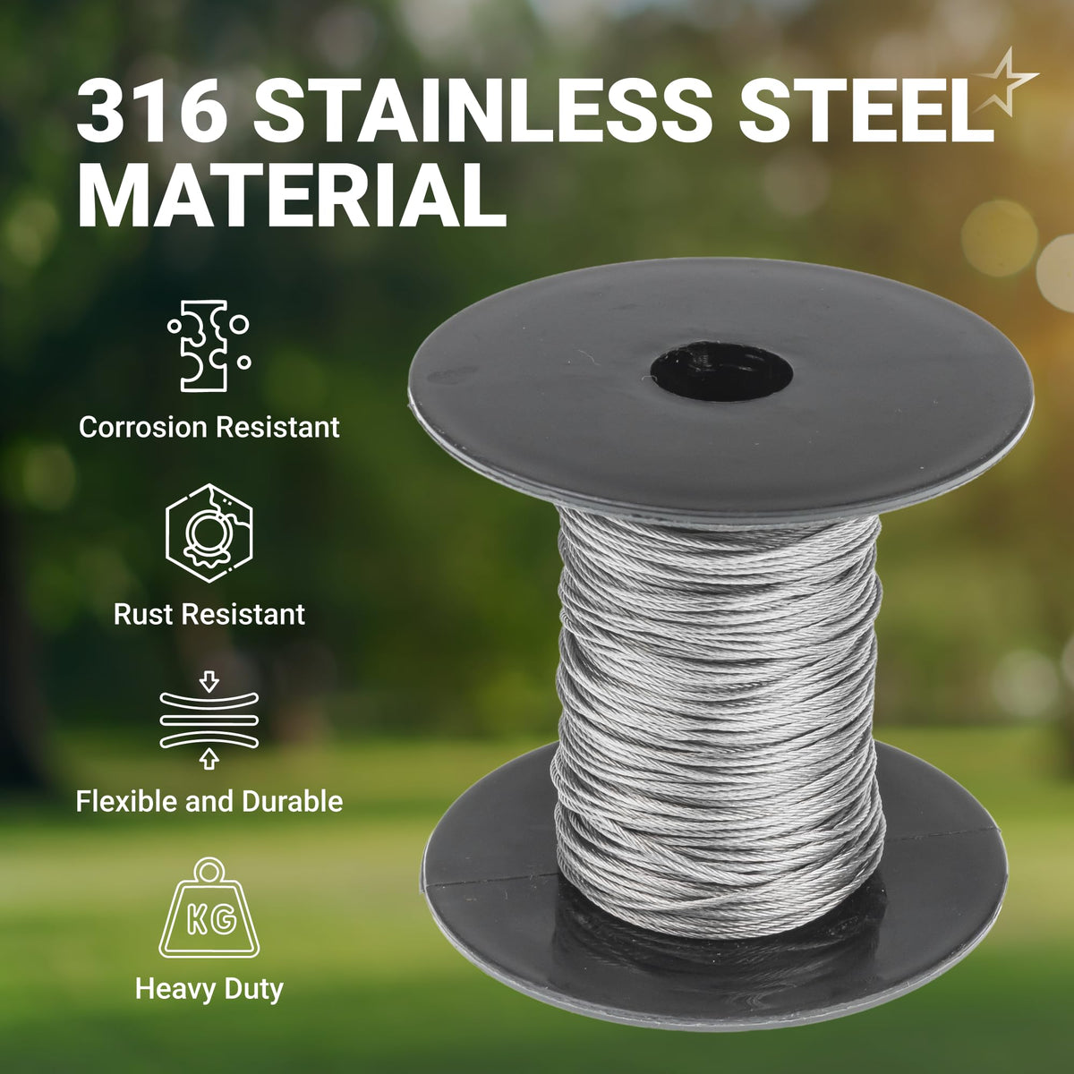 1/32 inch 316 stainless steel wire rope on a spool, highlighting corrosion and rust-resistant material properties.