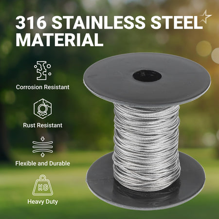 1/32 inch 316 stainless steel wire rope on a spool, highlighting corrosion and rust-resistant material properties.