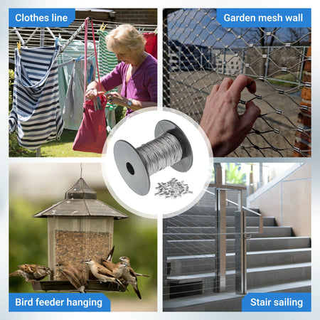 1/32 inch wire rope on spool with aluminum crimping sleeves for deck railing and hanging applications.