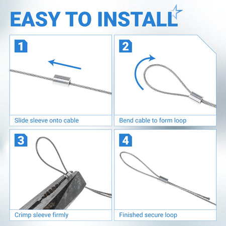 Four-step installation guide for securing wire rope with aluminum crimping sleeves for deck railing.