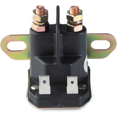12V starter solenoid for John Deere tractors with dual copper terminals and mounting bracket.