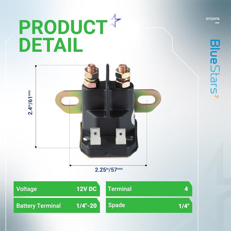 GY22476 12V starter solenoid for John Deere tractors with dimension diagram and technical specifications.