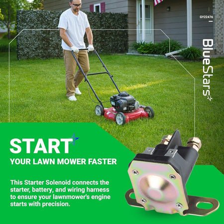 GY22476 AUC15346 12V starter solenoid for John Deere lawn mowers shown in a promotional lifestyle graphic.
