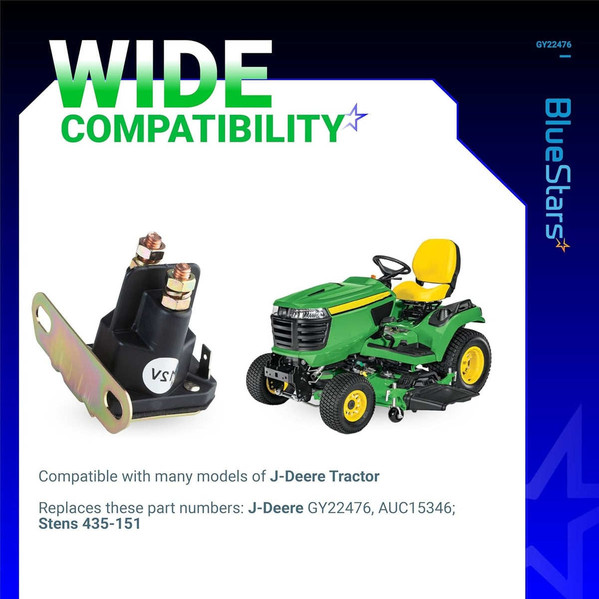 12V starter solenoid for John Deere tractors, replaces GY22476 and AUC15346 part numbers.