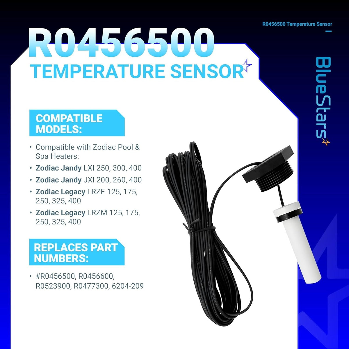 R0456500 temperature sensor with long wire and threaded mounting plug for Zodiac Jandy pool and spa heaters.