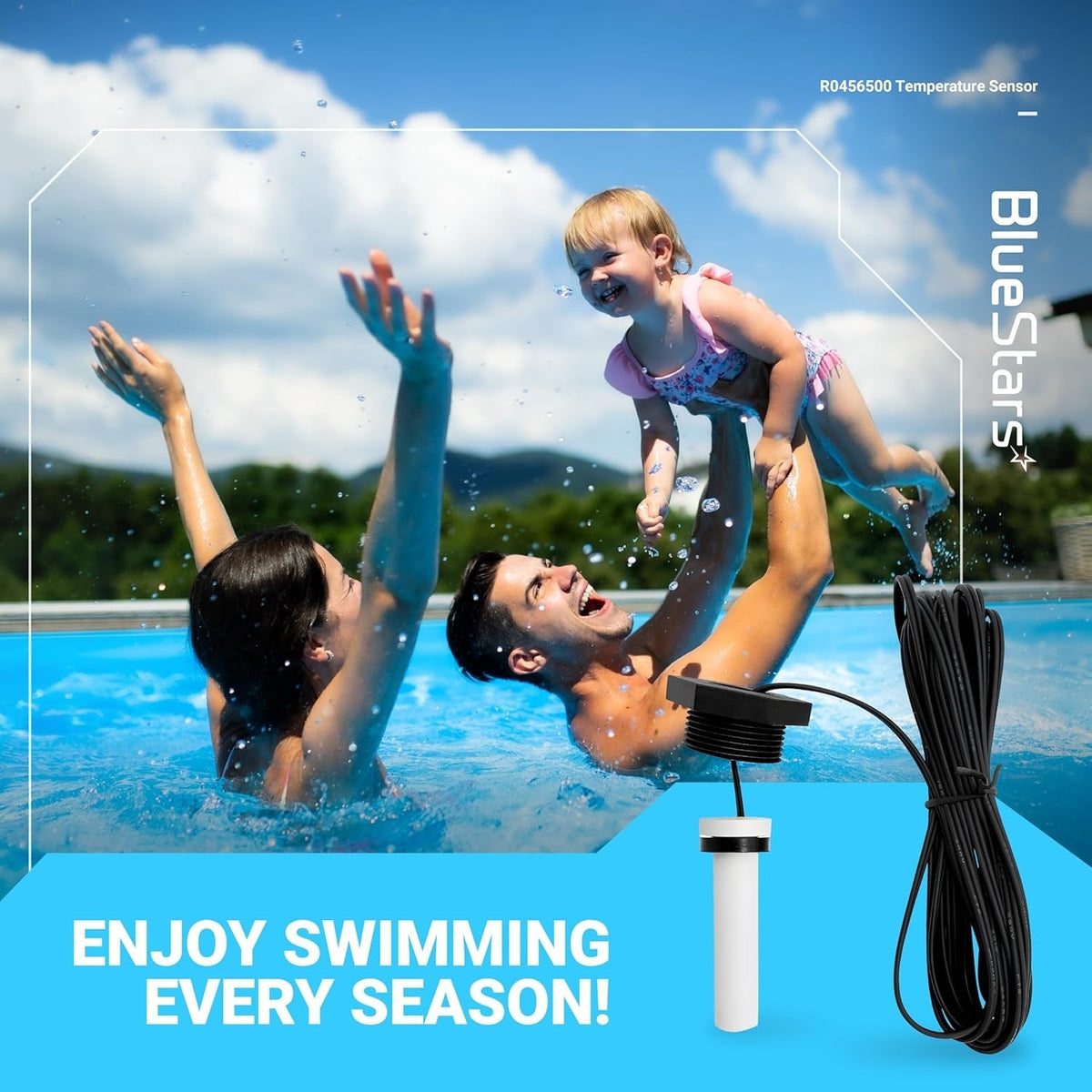 R0456500 pool temperature sensor with long black cable displayed over a family swimming in a pool.