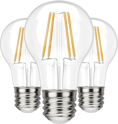 Three A19 vintage LED filament bulbs with clear glass and E26 standard bases.