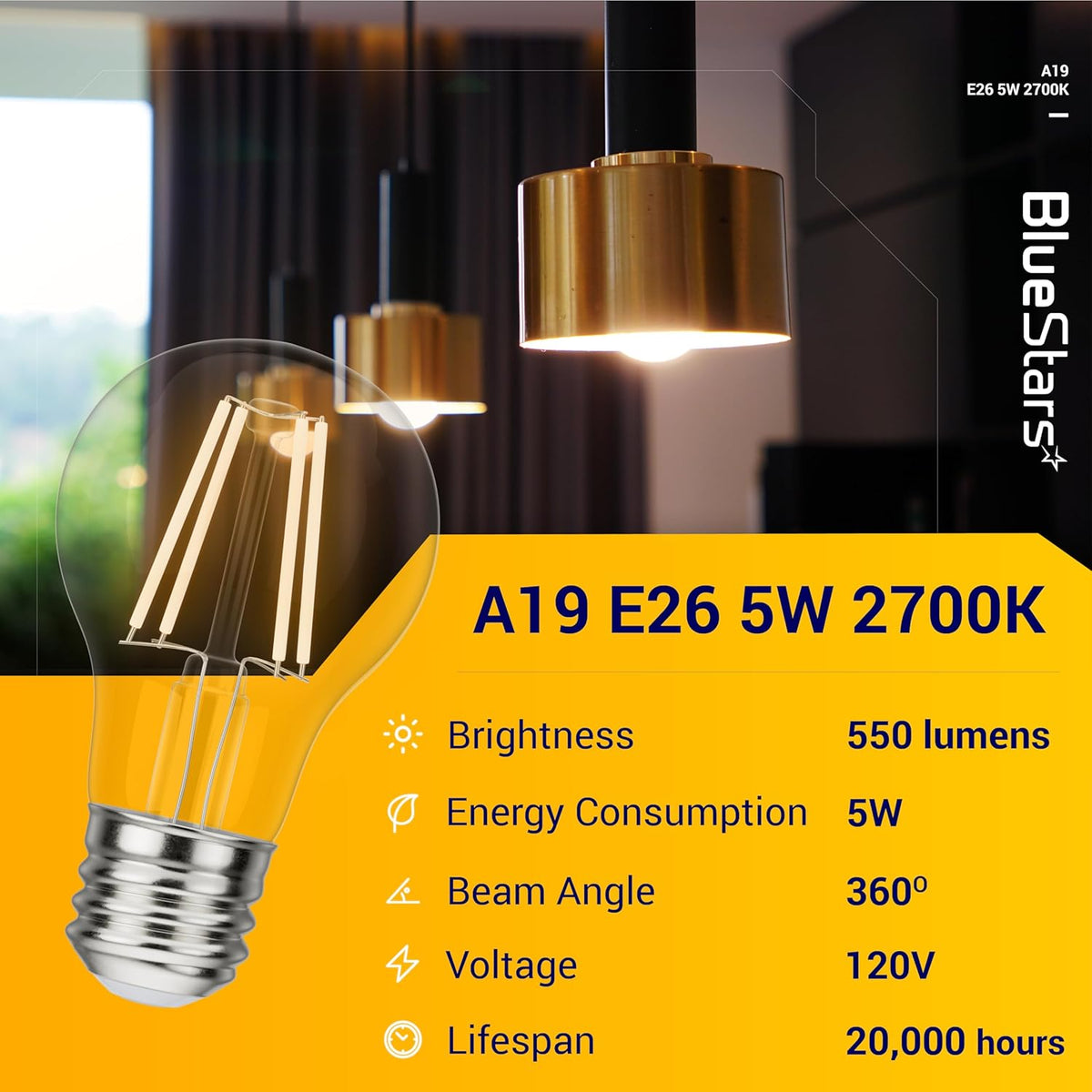 A19 vintage LED filament bulb with E26 base and technical specification chart on yellow background.