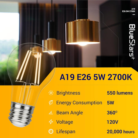 A19 vintage LED filament bulb with E26 base and technical specification chart on yellow background.