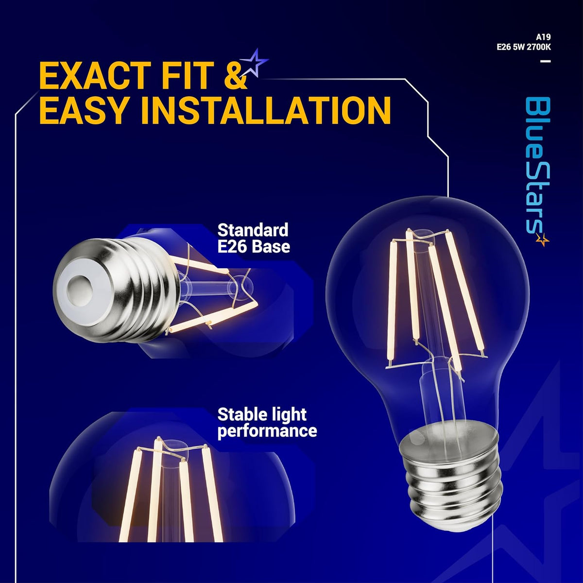 Infographic showing A19 LED vintage filament bulb features, E26 base, and stable light performance.