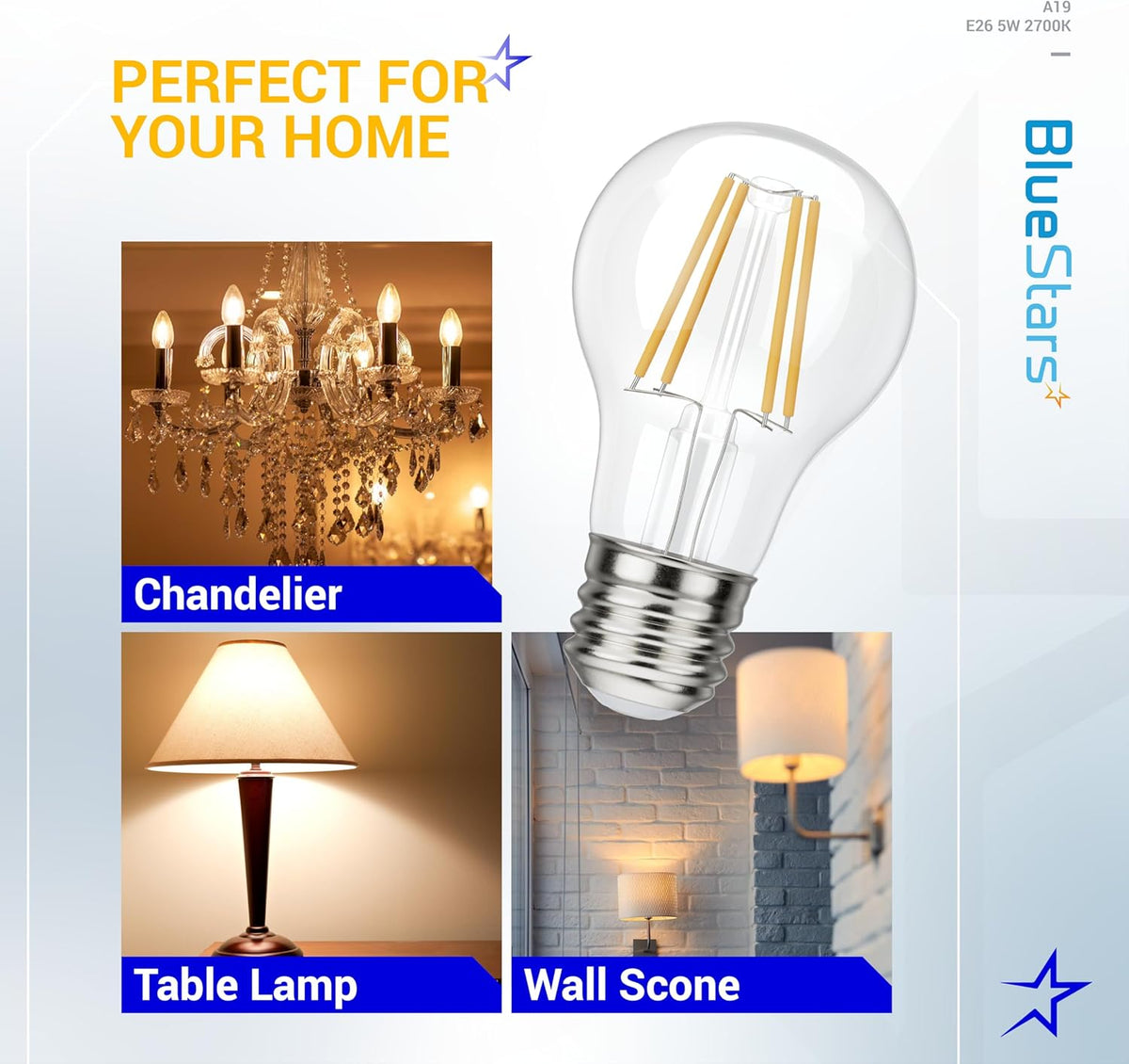 A19 vintage LED filament bulb with E26 base shown with examples of use in a chandelier, table lamp, and wall sconce.