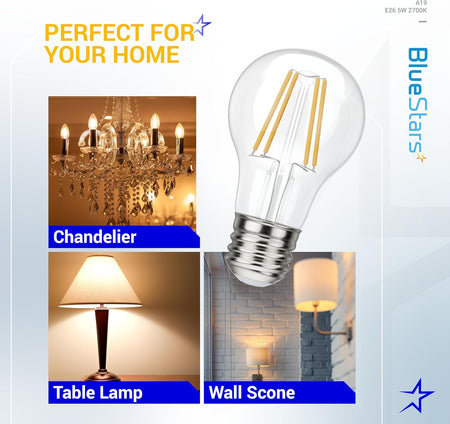 A19 vintage LED filament bulb with E26 base shown with examples of use in a chandelier, table lamp, and wall sconce.
