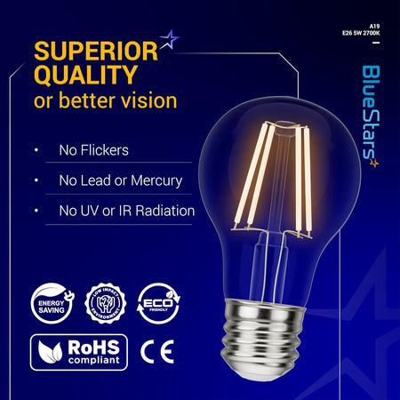 A19 LED vintage filament bulb with E26 base, featuring eco-friendly and energy-saving certification icons.