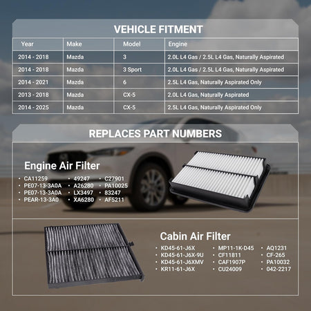 CA11259 Engine Air Filter & KD45-61-J6X Cabin Air Filter Kit, vehicle fitment and replacement numbers chart