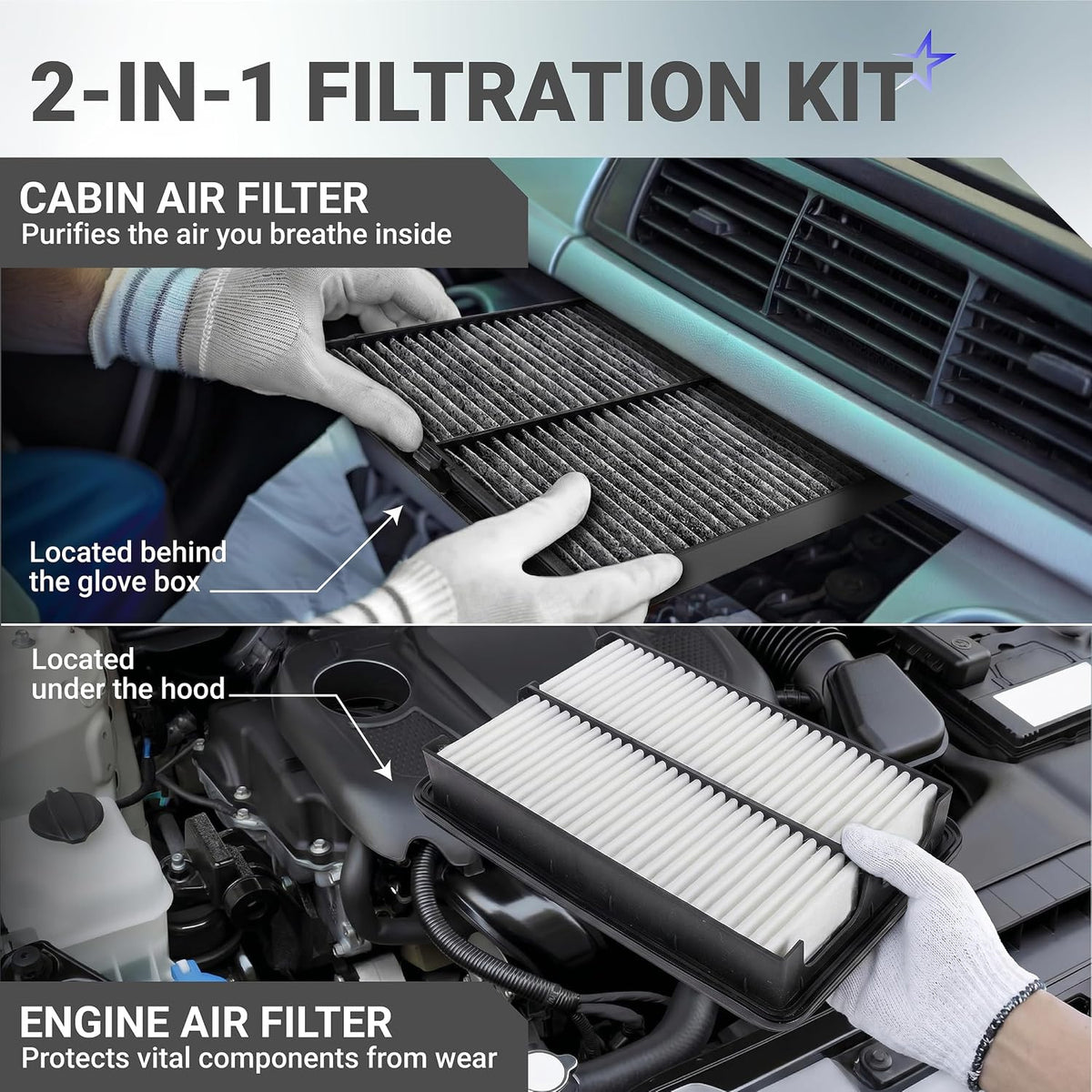 CA11259 Engine Air Filter & KD45-61-J6X Cabin Air Filter Kit, graphic showing cabin and engine filter locations