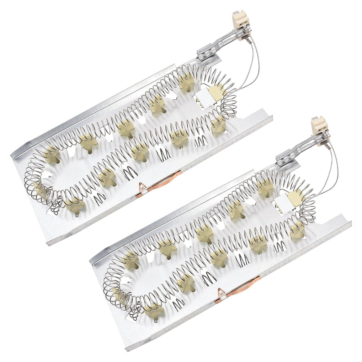 Set of two replacement dryer heating elements for Whirlpool, Kenmore, and Maytag appliances.