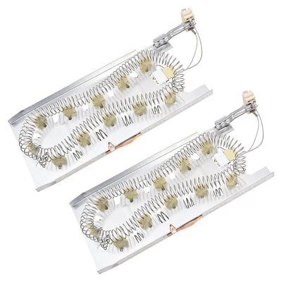 Set of two replacement dryer heating elements for Whirlpool, Kenmore, and Maytag appliances.