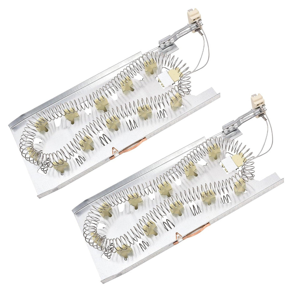 Set of two replacement dryer heating elements for Whirlpool, Kenmore, and Maytag appliances.