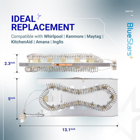Dryer heating element 3387747 with dimensions showing compatibility for Whirlpool, Kenmore, Maytag, and KitchenAid dryers.