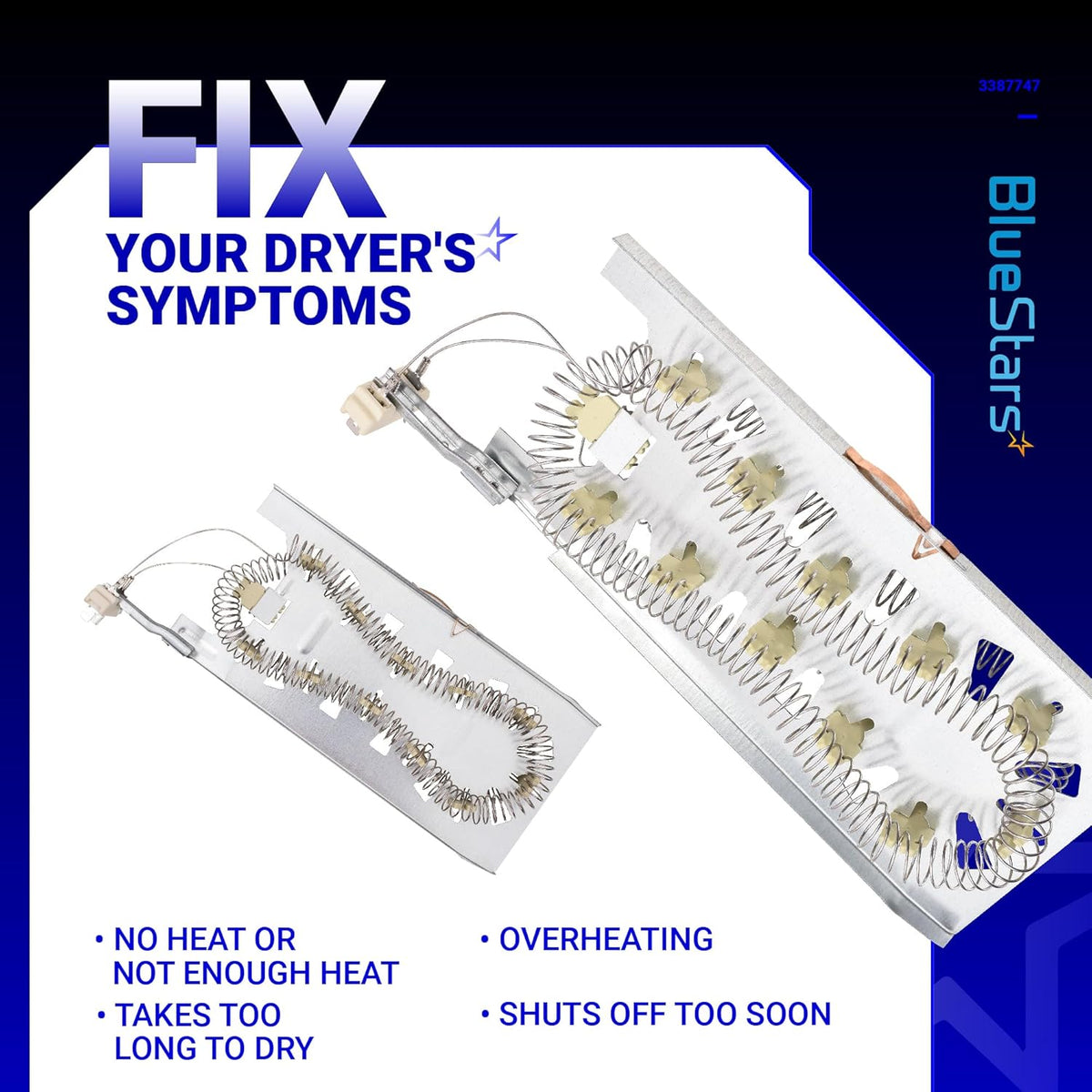 Two replacement dryer heating elements for Whirlpool, Kenmore, and Maytag dryers shown on promotional graphic.