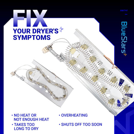 Two replacement dryer heating elements for Whirlpool, Kenmore, and Maytag dryers shown on promotional graphic.