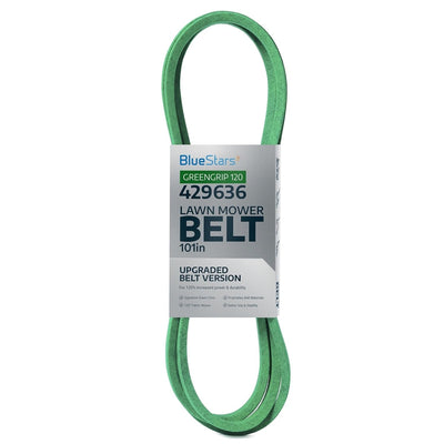 Green 101-inch lawn mower deck belt for Craftsman and Husqvarna, packaged with BlueStars Greengrip 120 label.