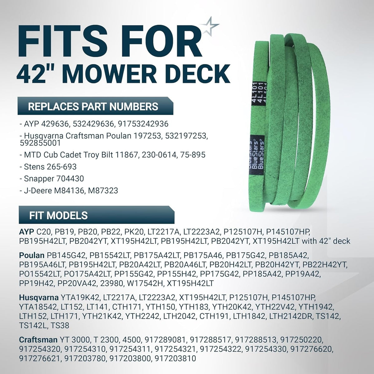 Green 1/2 inch x 101 inch lawn mower deck belt for 42-inch Craftsman, Husqvarna, and Poulan mowers.