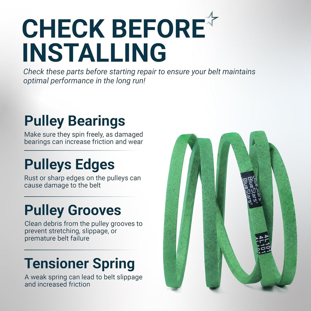 Informational graphic showing lawn mower deck belt installation tips and maintenance checks for pulleys and springs.