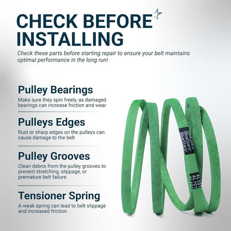 Informational graphic showing lawn mower deck belt installation tips and maintenance checks for pulleys and springs.