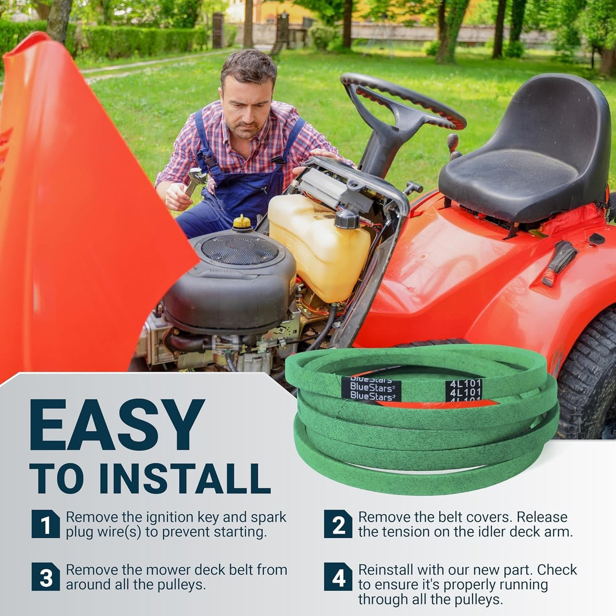 Instructional graphic showing how to install a 42-inch lawn mower deck belt on a riding tractor.
