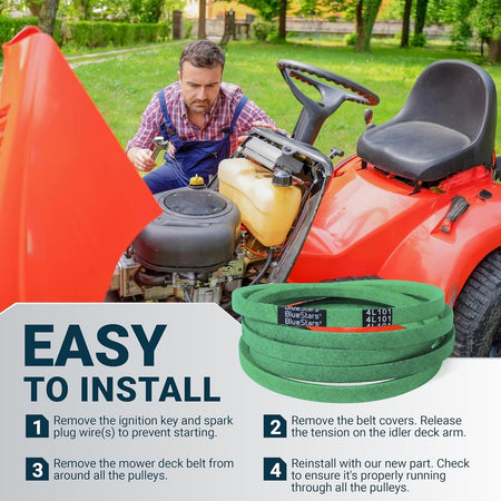 Instructional graphic showing how to install a 42-inch lawn mower deck belt on a riding tractor.