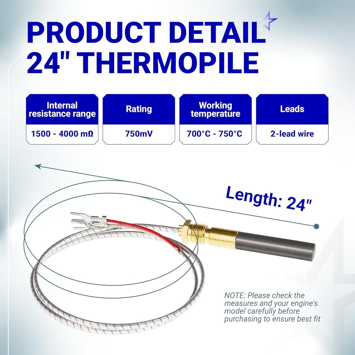 Infographic showing 24-inch 750mV thermopile specifications including resistance, temperature range, and 2-lead wire design.