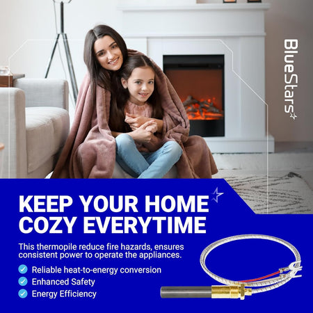Q313A 750 Millivolt thermopile for gas fireplaces and heaters shown in a lifestyle marketing graphic.
