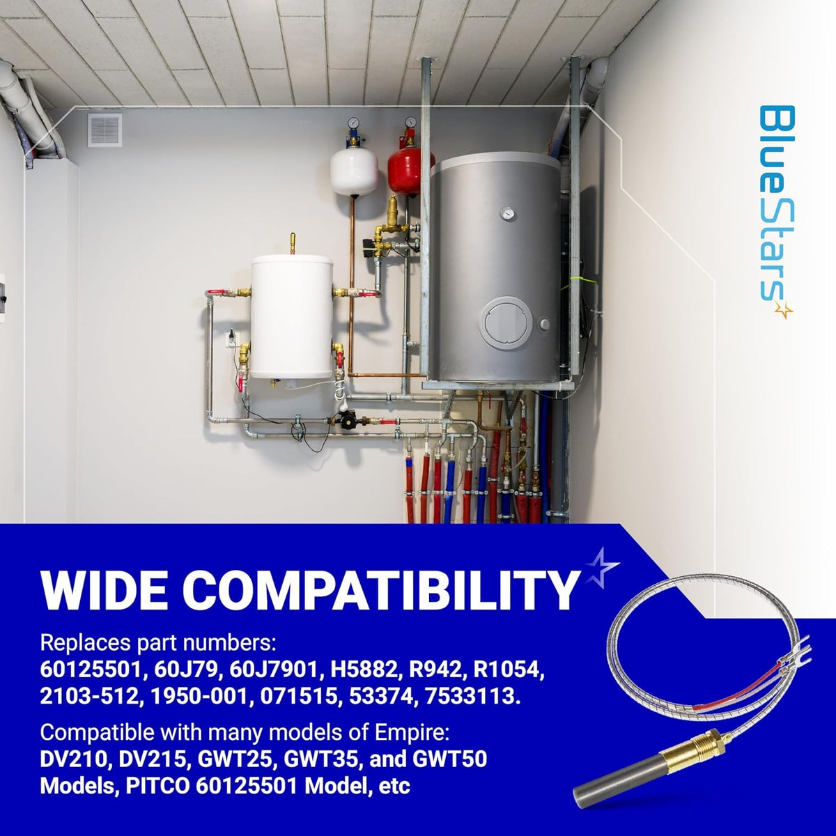 Q313A 750 millivolt thermopile for gas water heaters and fireplaces with compatibility information graphic.