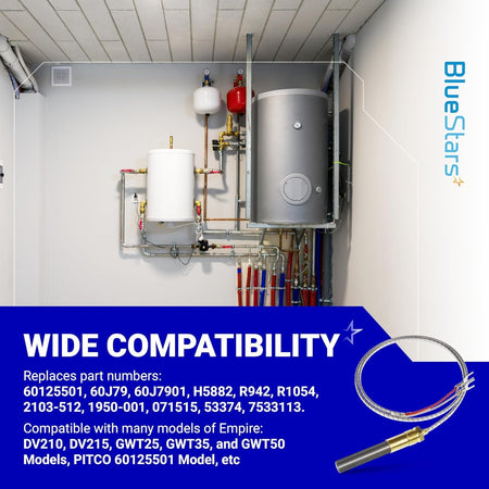 Q313A 750 millivolt thermopile for gas water heaters and fireplaces with compatibility information graphic.
