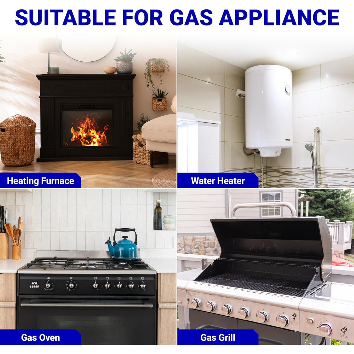 Collage showing Q313A thermopile compatibility with gas fireplace, water heater, oven, and grill appliances.