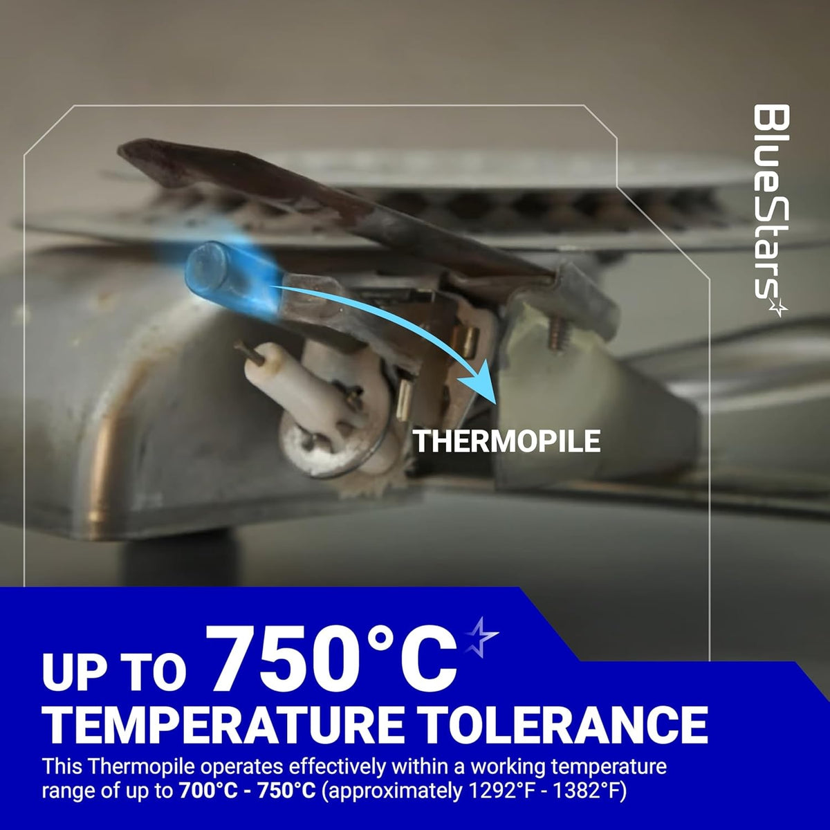Q313A 750 millivolt thermopile installed in a pilot burner assembly showing 750°C temperature tolerance.