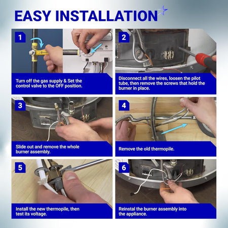 Six-step installation guide for Q313A 750 millivolt thermopile on a gas water heater burner assembly.
