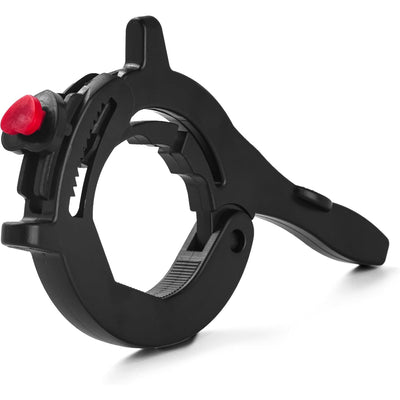 Black motorcycle throttle lock cruise control clamp with red adjustment tab on white background.