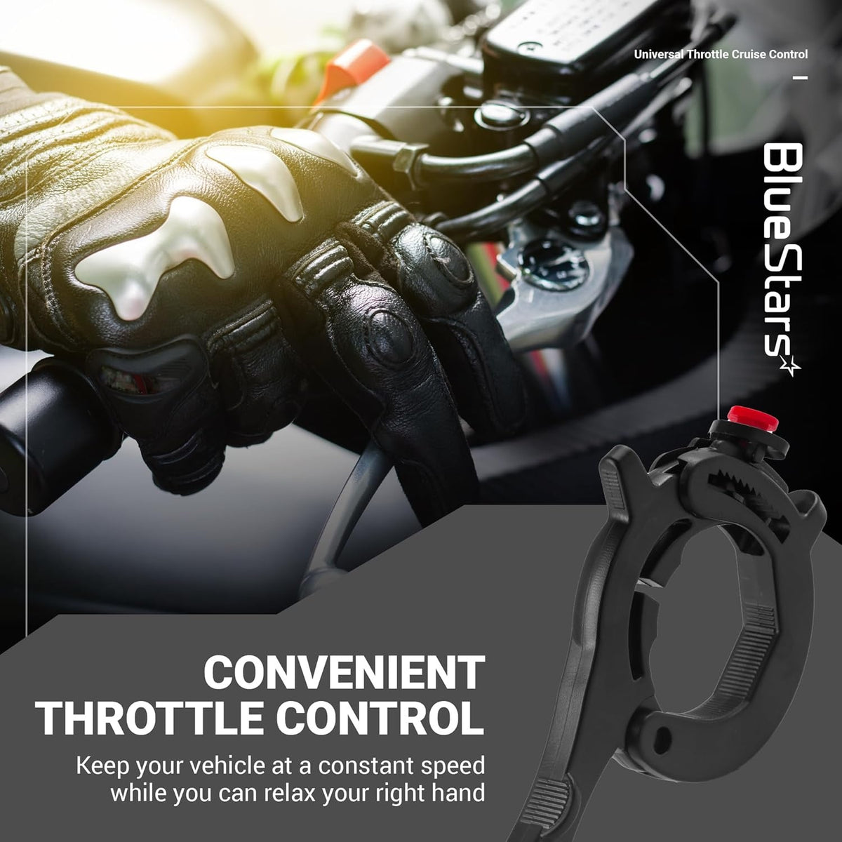 Black universal motorcycle throttle lock cruise control assist device.